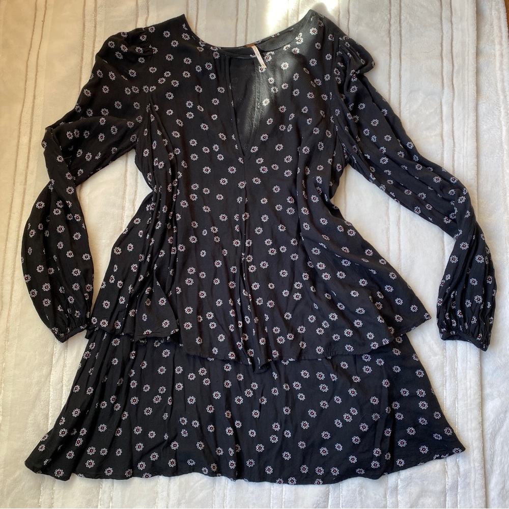 Black, white and Orange floral free people shift longsleeve dress